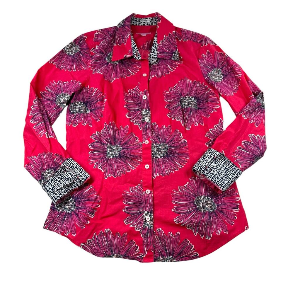 Lilly Pulitzer Boom Boom Pink Shirt 10 Straight Floral Button Up Contrast Cuffs